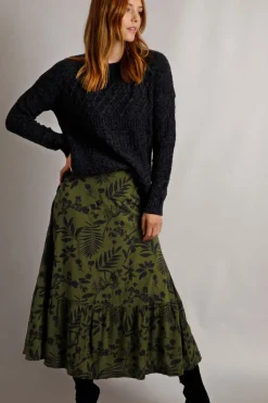 Weird Fish Skirts|Minerve Lenzing™ EcoVero™ Viscose Printed Midi Skirt Olive Green