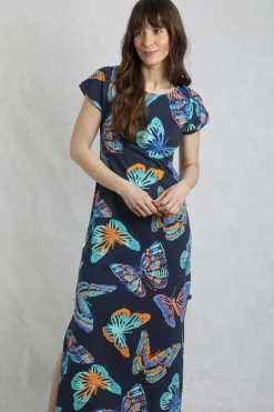 Weird Fish Dresses|Mirren Organic Cotton Printed Maxi Dress Dark Blue