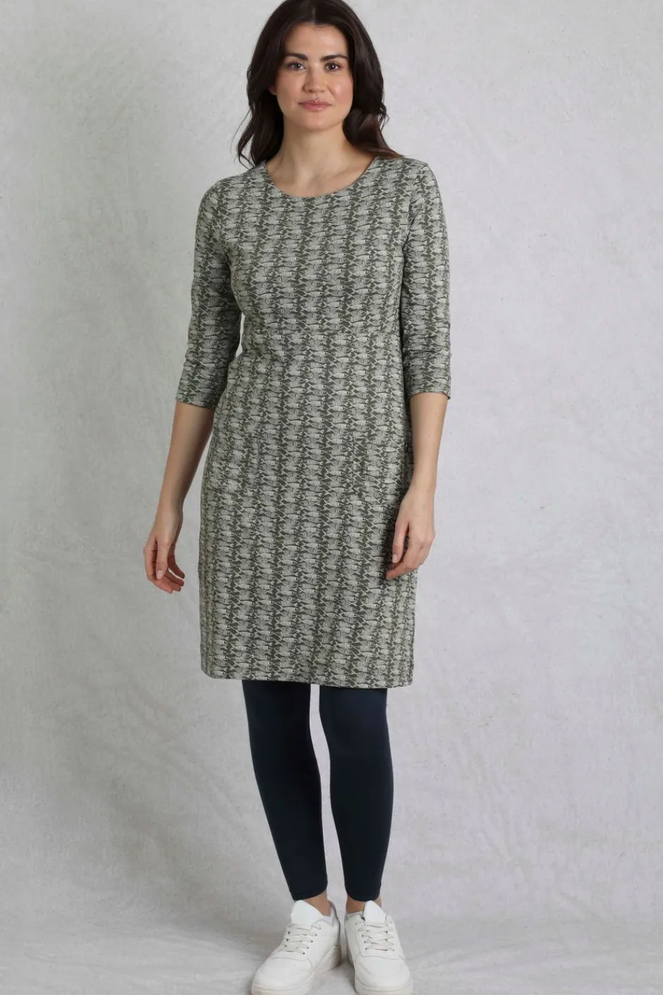 Weird Fish Dresses|Moondust Organic Cotton Printed Jersey Dress Dark Olive
