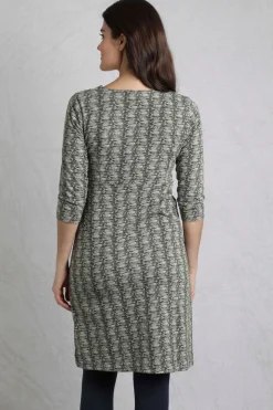 Weird Fish Dresses|Moondust Organic Cotton Printed Jersey Dress Dark Olive