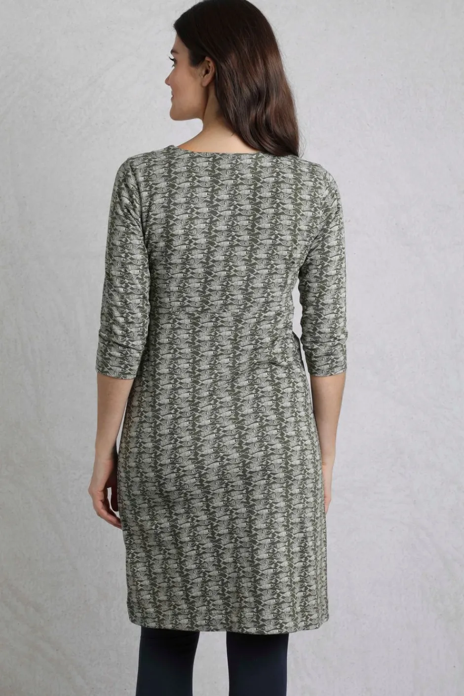 Weird Fish Dresses|Moondust Organic Cotton Printed Jersey Dress Dark Olive