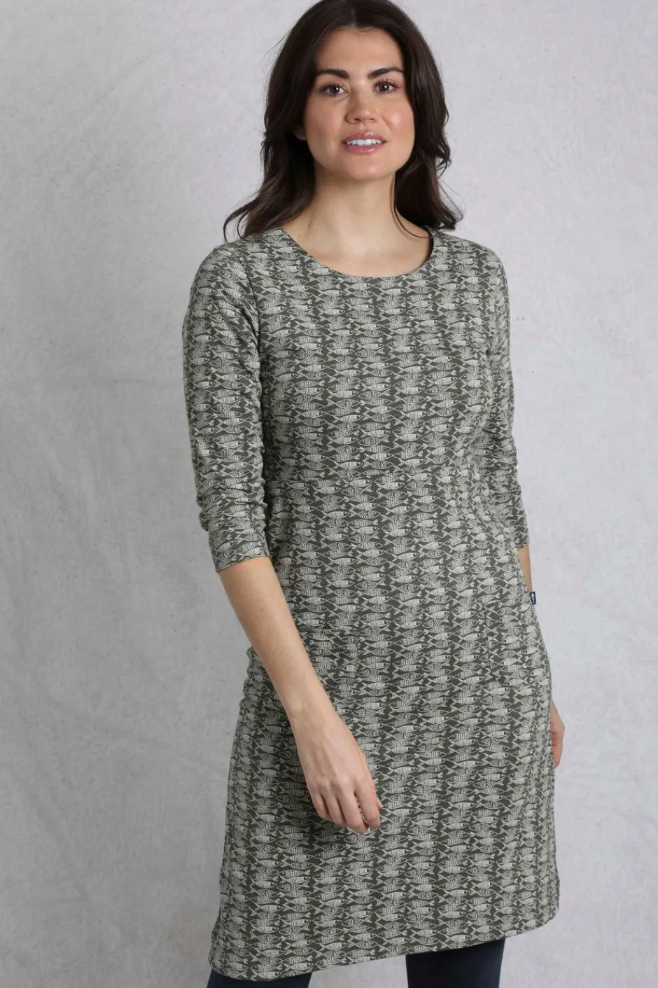 Weird Fish Dresses|Moondust Organic Cotton Printed Jersey Dress Dark Olive