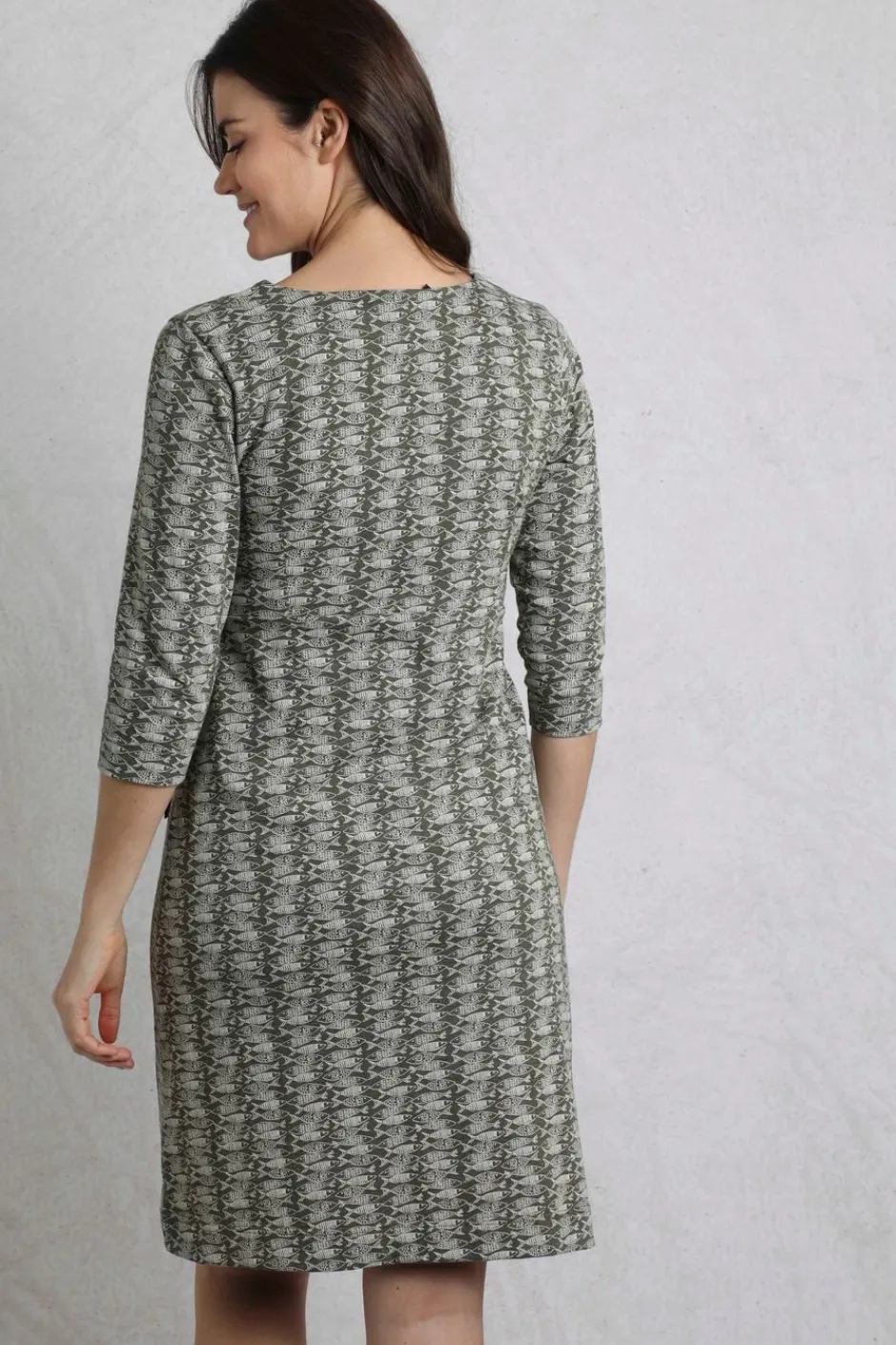 Weird Fish Dresses|Moondust Organic Cotton Printed Jersey Dress Dark Olive