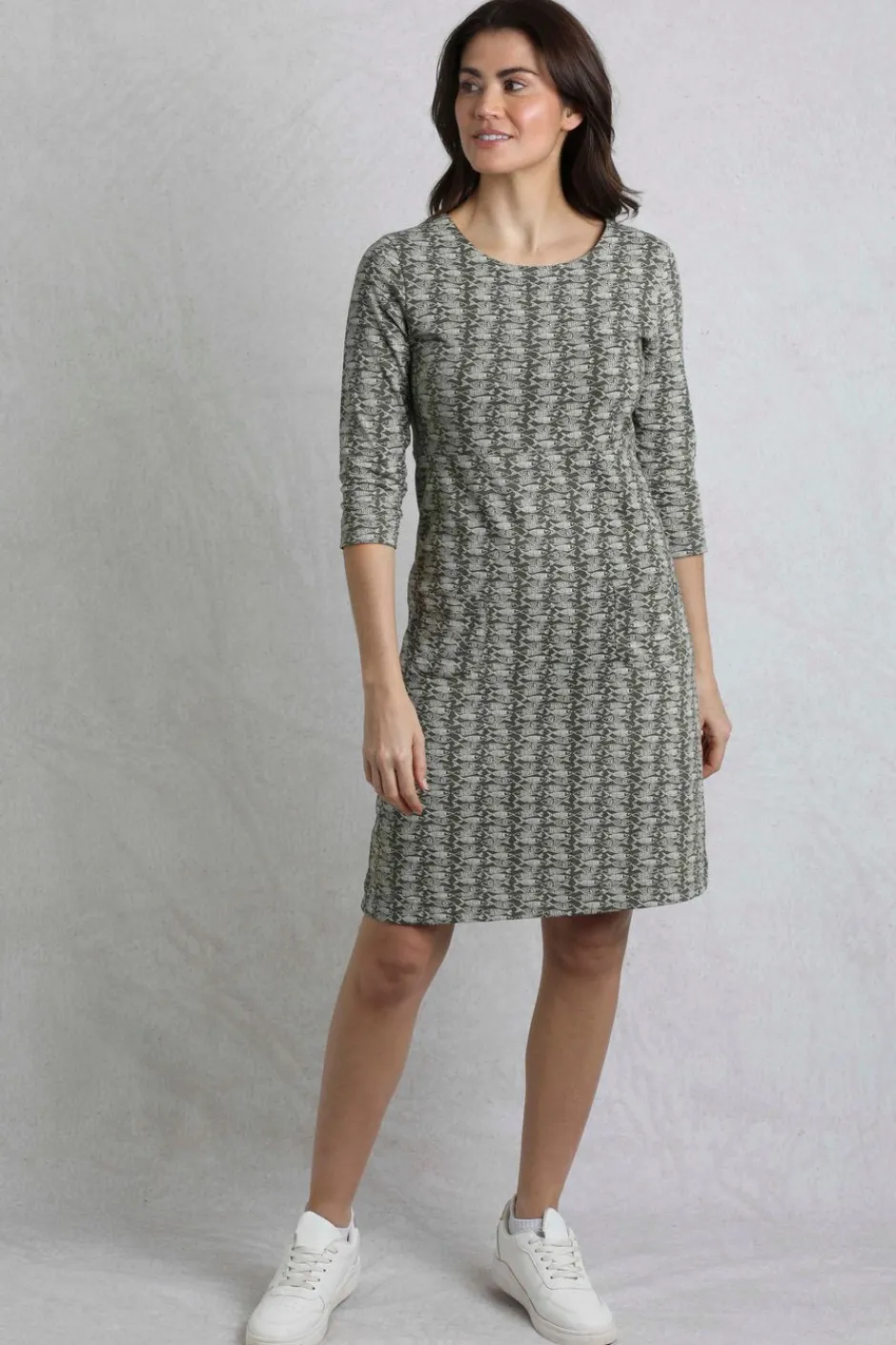 Weird Fish Dresses|Moondust Organic Cotton Printed Jersey Dress Dark Olive