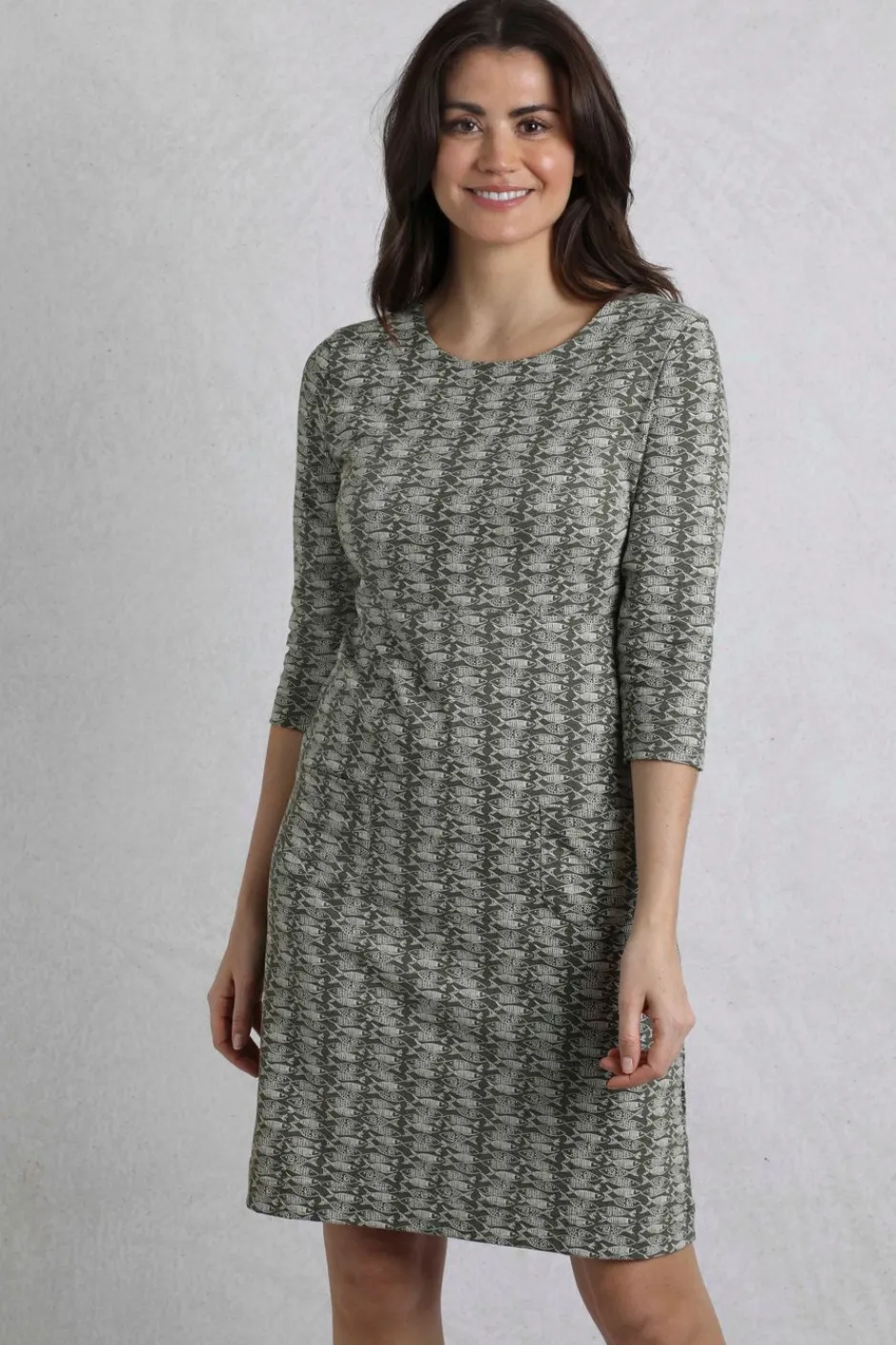 Weird Fish Dresses|Moondust Organic Cotton Printed Jersey Dress Dark Olive