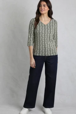 Weird Fish Tunics|Tops & T-Shirts|Nanaimo 3/4 Sleeve Organic Cotton Printed Top Dark Olive