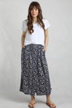 Weird Fish Skirts|Nina Livaeco™ Printed Viscose Midi Skirt Rich Navy