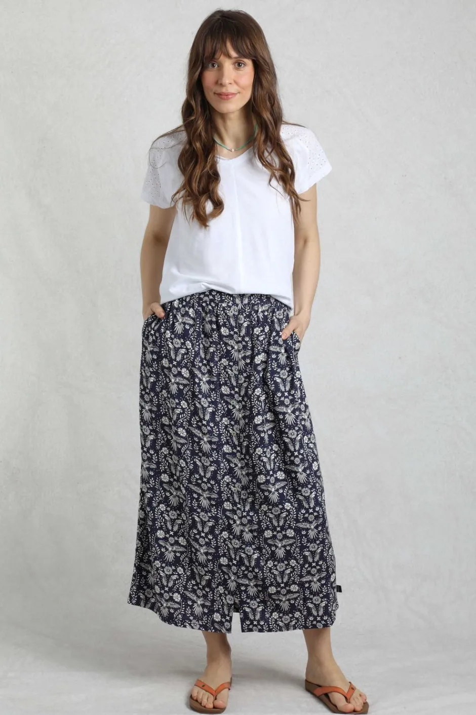 Weird Fish Skirts|Nina Livaeco™ Printed Viscose Midi Skirt Rich Navy