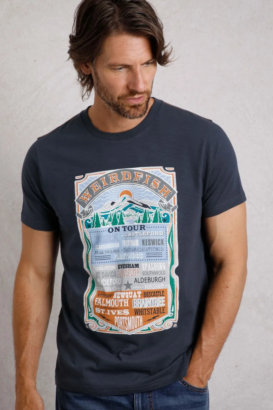 Weird Fish T-Shirts|On Tour Organic Cotton Front Print Graphic T-Shirt Navy