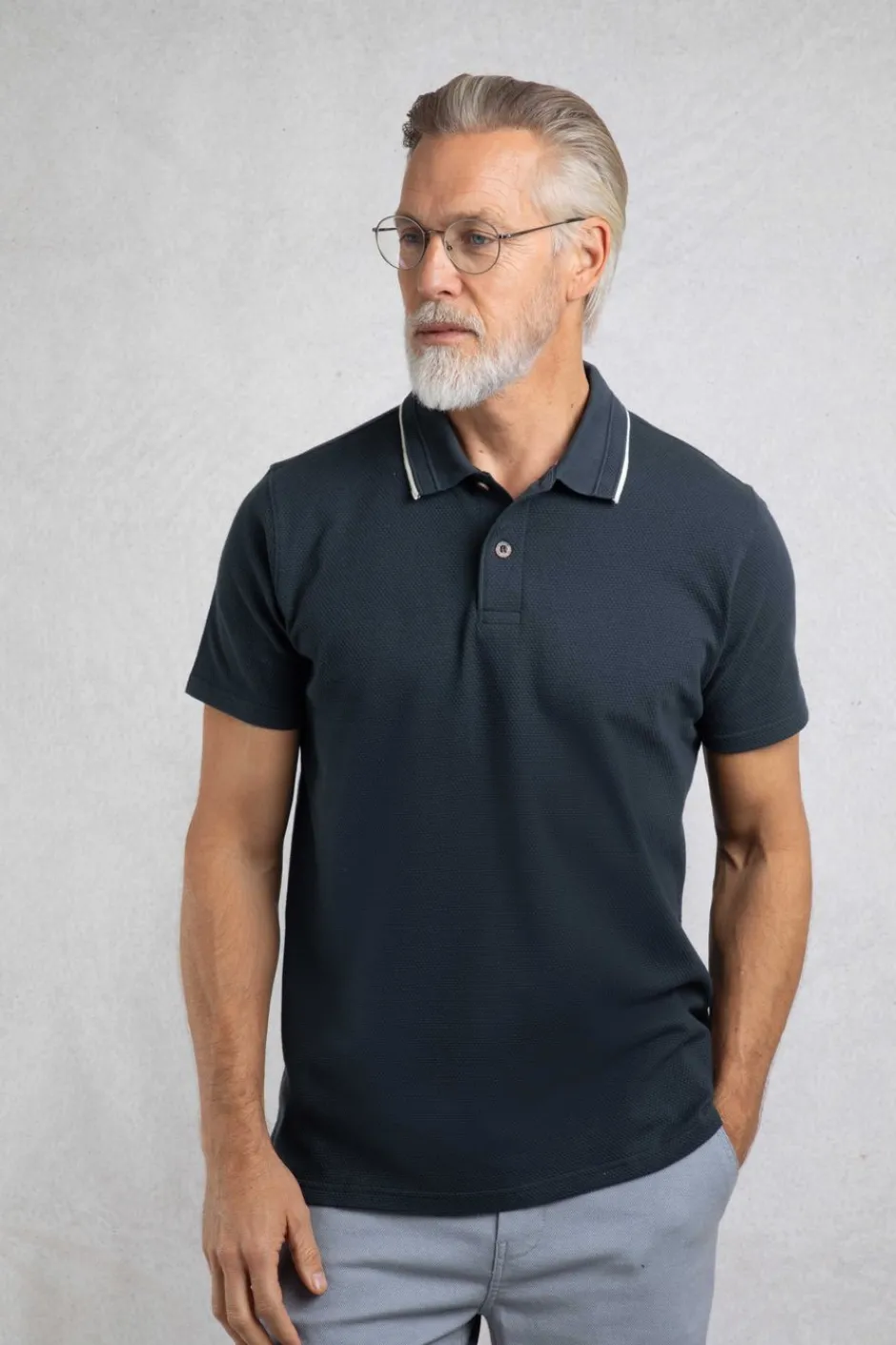 Weird Fish Polo & Rugby Shirts|Powell Organic Cotton Textured Jersey Polo Shirt Navy