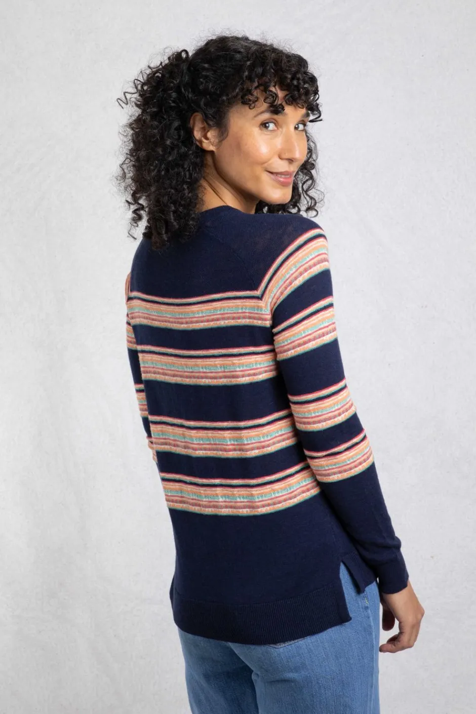 Weird Fish Jumpers & Cardigans|Knitwear|Reka Lightweight Striped Crew Neck Jumper Navy