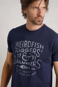 Weird Fish T-Shirts|Riggers Organic Cotton Reverse Print Graphic T-Shirt Dark Blue