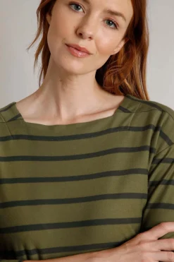 Weird Fish Tunics|Tops & T-Shirts|Rommie Organic Cotton Square Neck Stripe T-Shirt Olive Green