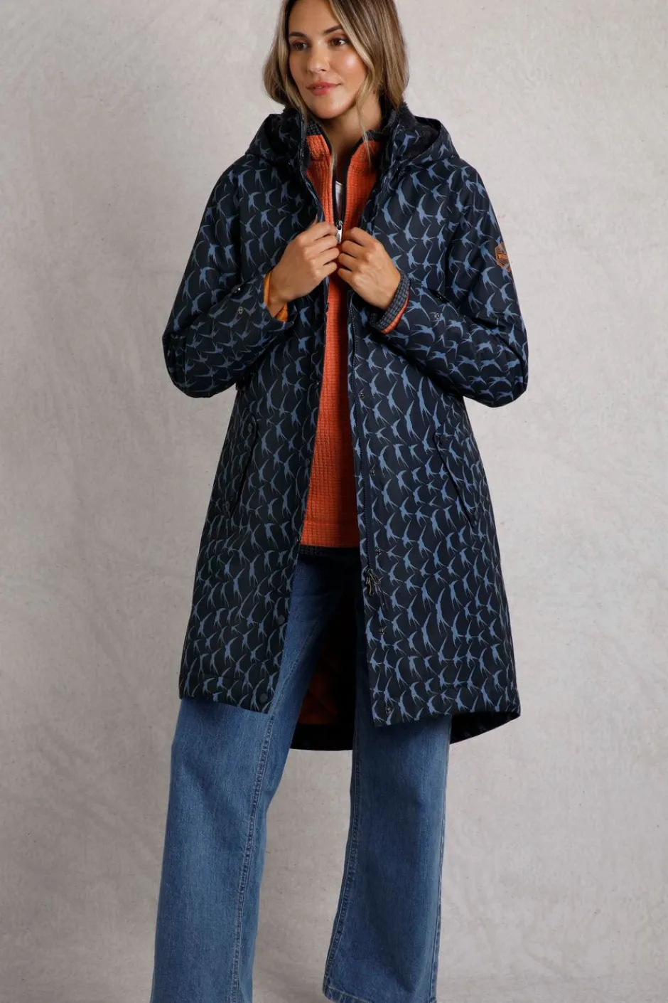 Weird Fish Coats, Jackets And Gilets|Sena Recycled Bird Print Waterproof Coat Dark Navy