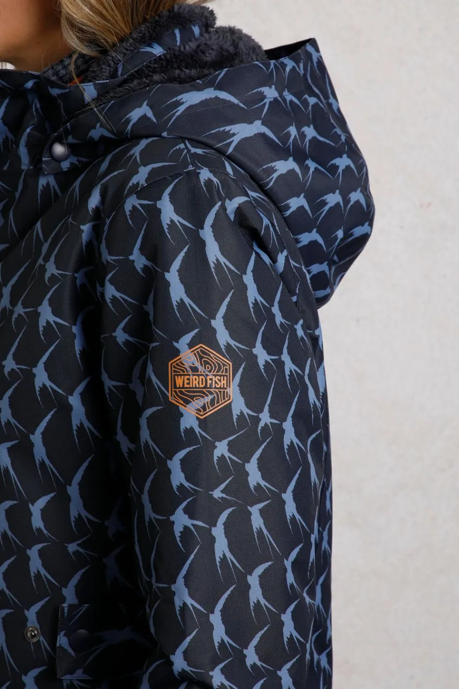 Weird Fish Coats, Jackets And Gilets|Sena Recycled Bird Print Waterproof Coat Dark Navy