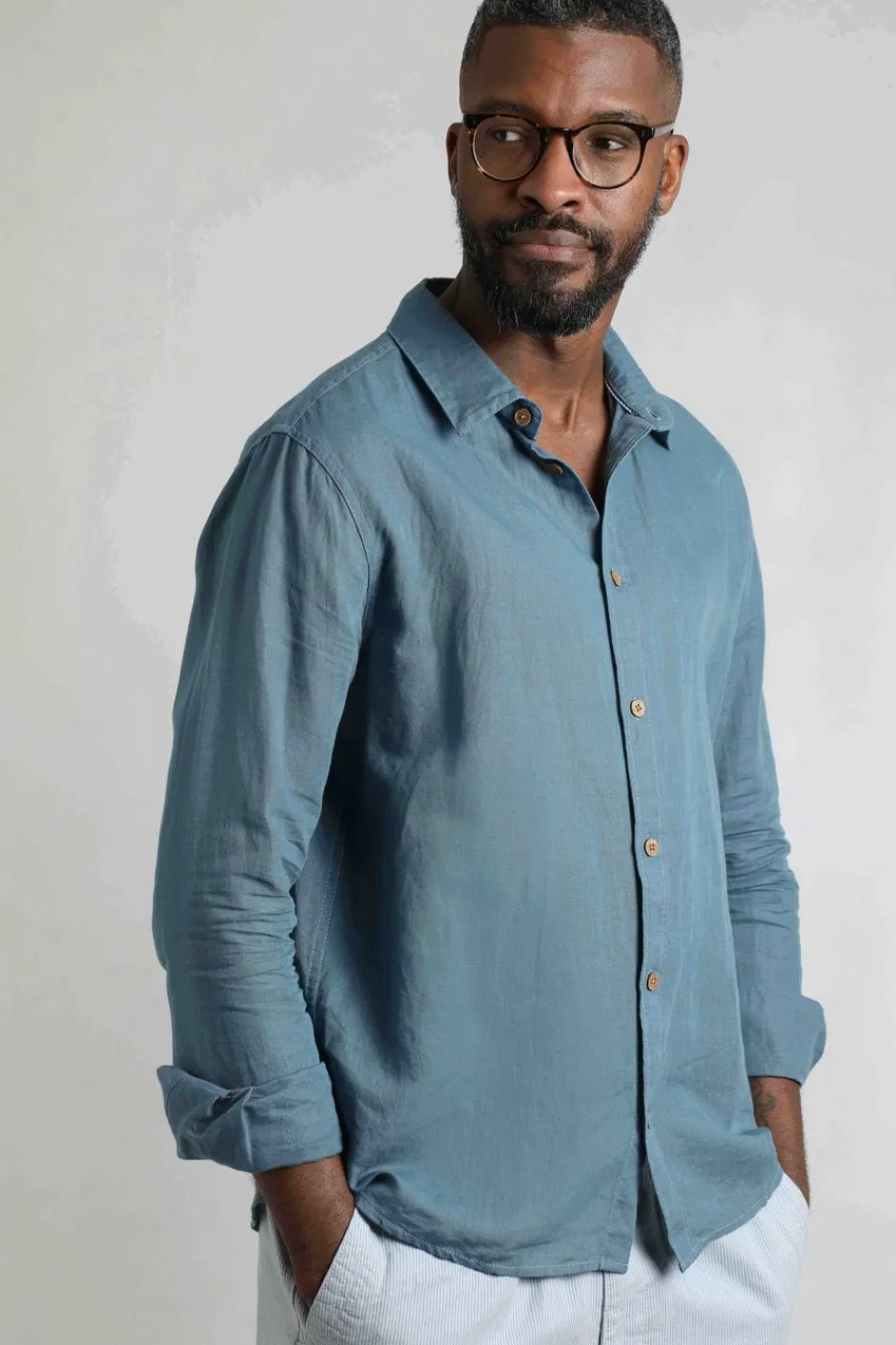 Weird Fish Shirts|Linen|Shaun Linen Rich Long Sleeve Shirt Pale Denim