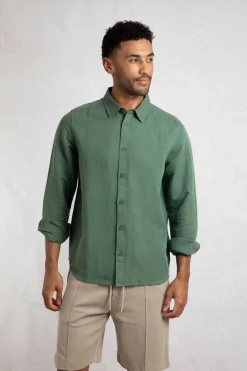Weird Fish Shirts|Linen|Shaun Linen Rich Long Sleeve Shirt Army Green