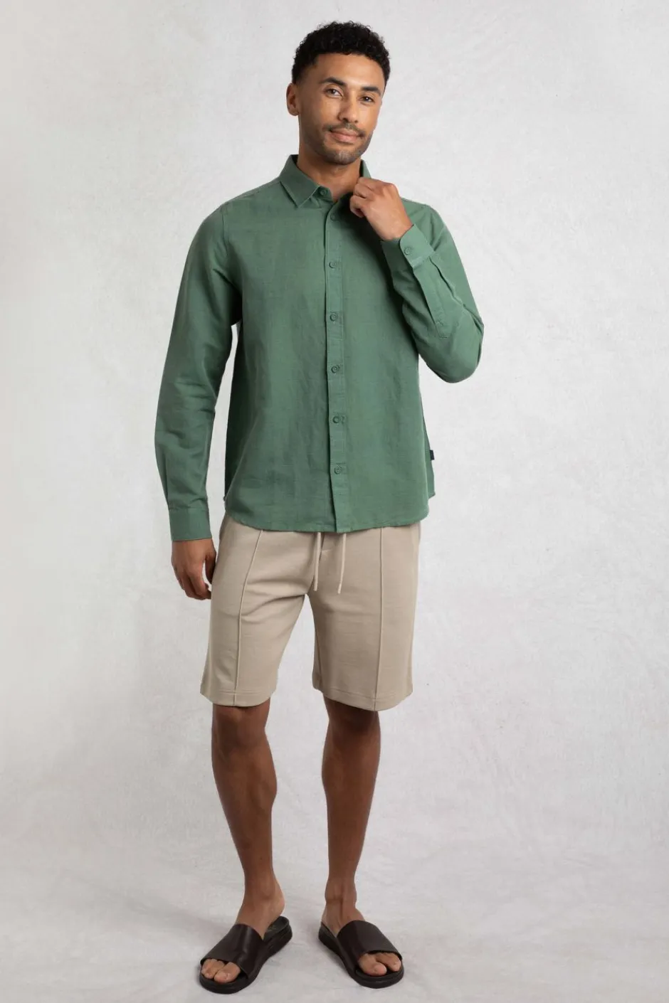 Weird Fish Shirts|Linen|Shaun Linen Rich Long Sleeve Shirt Army Green