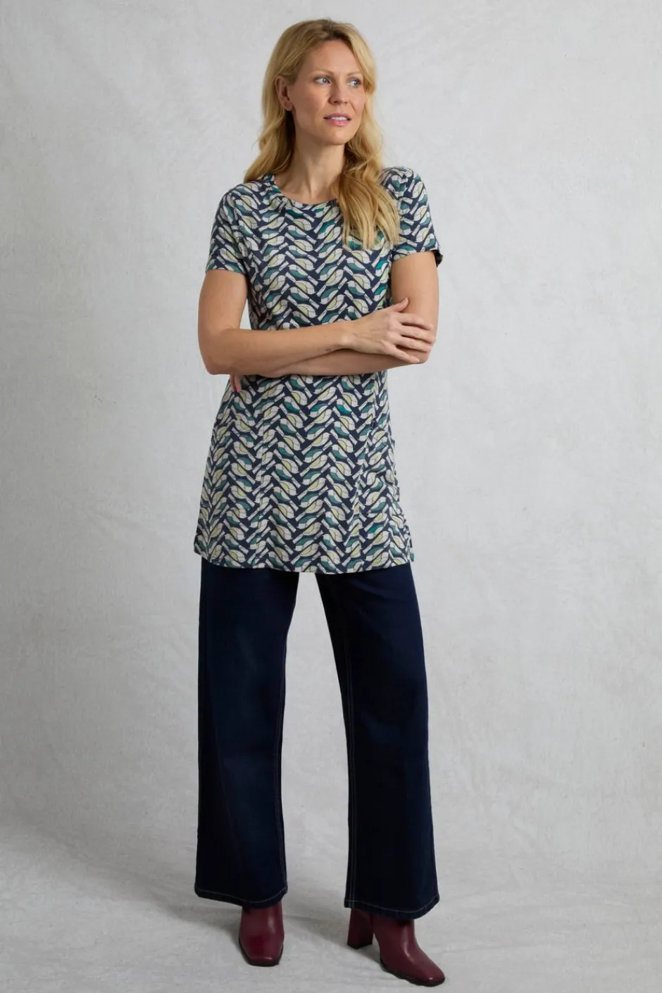 Weird Fish Tunics|Tops & T-Shirts|Sidra Organic Cotton Printed Jersey Slub Tunic Cedar Green