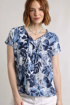 Weird Fish Shirts|Tunics|Sofia Organic Cotton Printed Double Cloth Blouse Estate blue