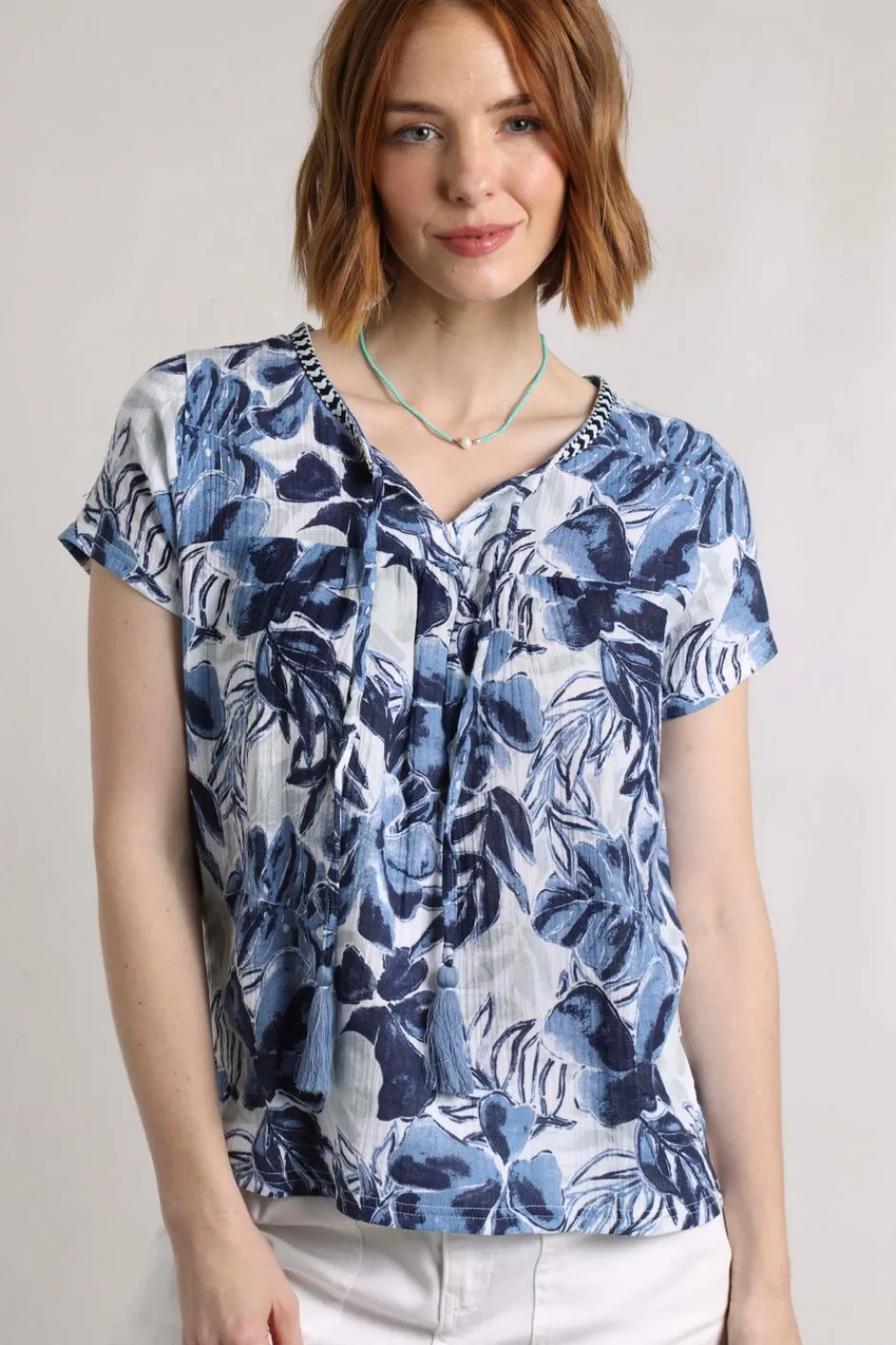 Weird Fish Shirts|Tunics|Sofia Organic Cotton Printed Double Cloth Blouse Estate blue