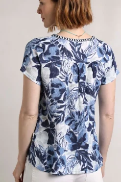 Weird Fish Shirts|Tunics|Sofia Organic Cotton Printed Double Cloth Blouse Estate blue
