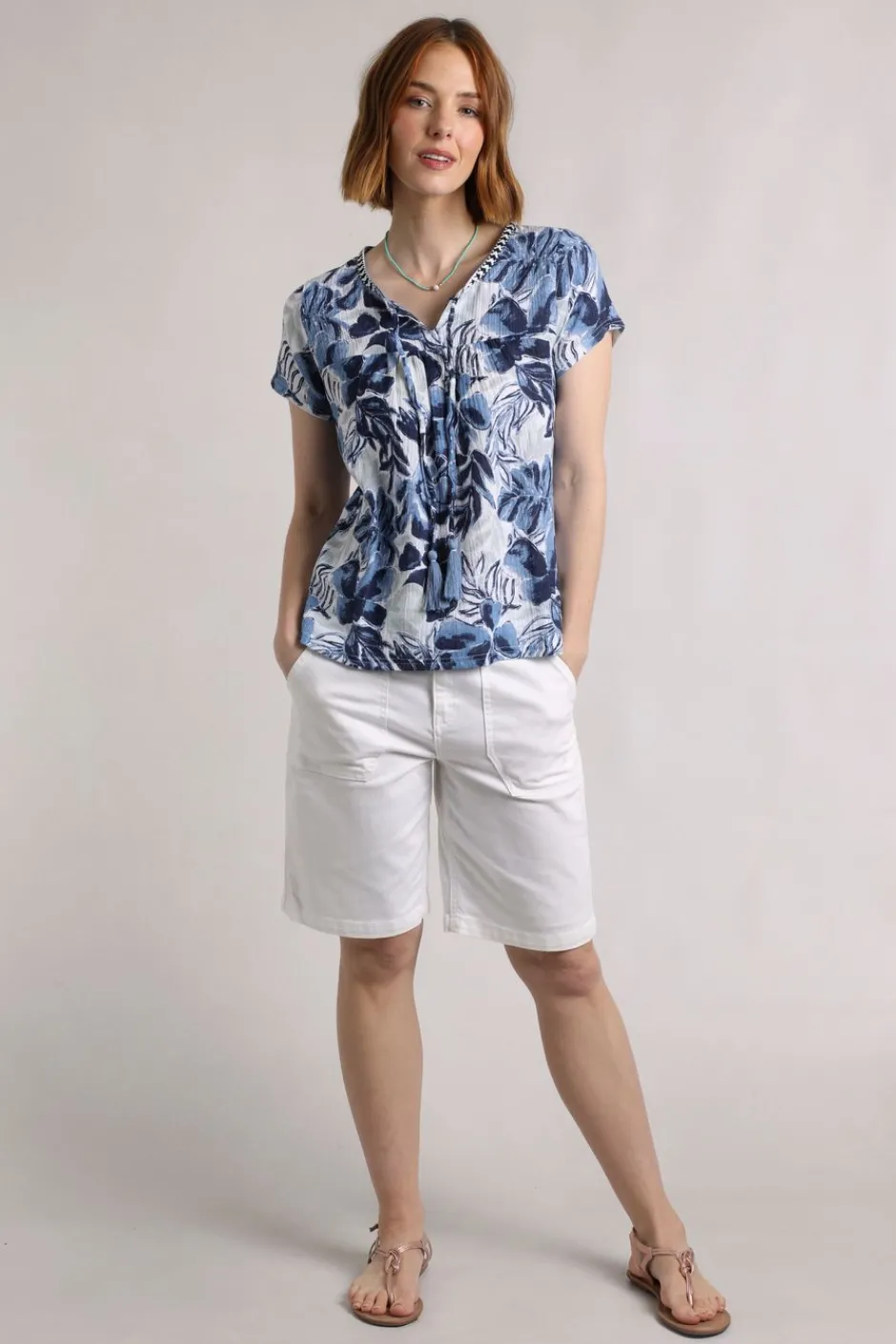 Weird Fish Shirts|Tunics|Sofia Organic Cotton Printed Double Cloth Blouse Estate blue