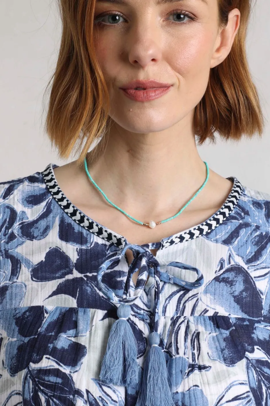 Weird Fish Shirts|Tunics|Sofia Organic Cotton Printed Double Cloth Blouse Estate blue