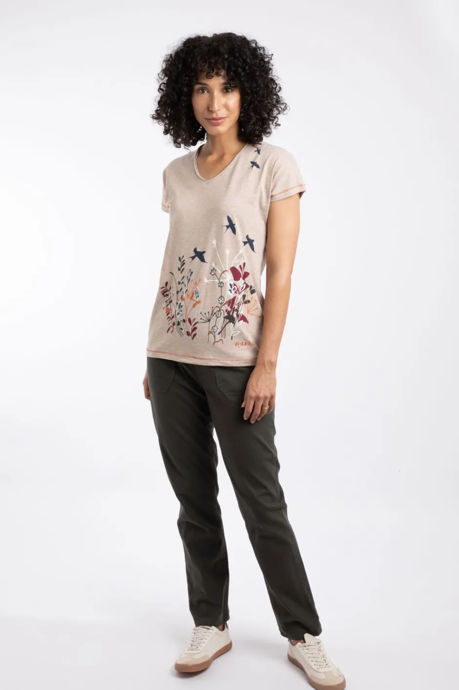 Weird Fish Tunics|Tops & T-Shirts|Swirling Swallows Organic Cotton Printed T-Shirt Sand Dune