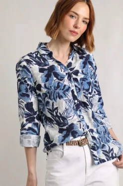 Weird Fish Shirts|Tunics|Syona Organic Cotton Double Cloth Printed Shirt Estate blue