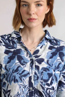Weird Fish Shirts|Tunics|Syona Organic Cotton Double Cloth Printed Shirt Estate blue