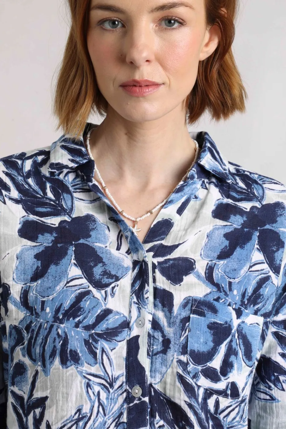 Weird Fish Shirts|Tunics|Syona Organic Cotton Double Cloth Printed Shirt Estate blue