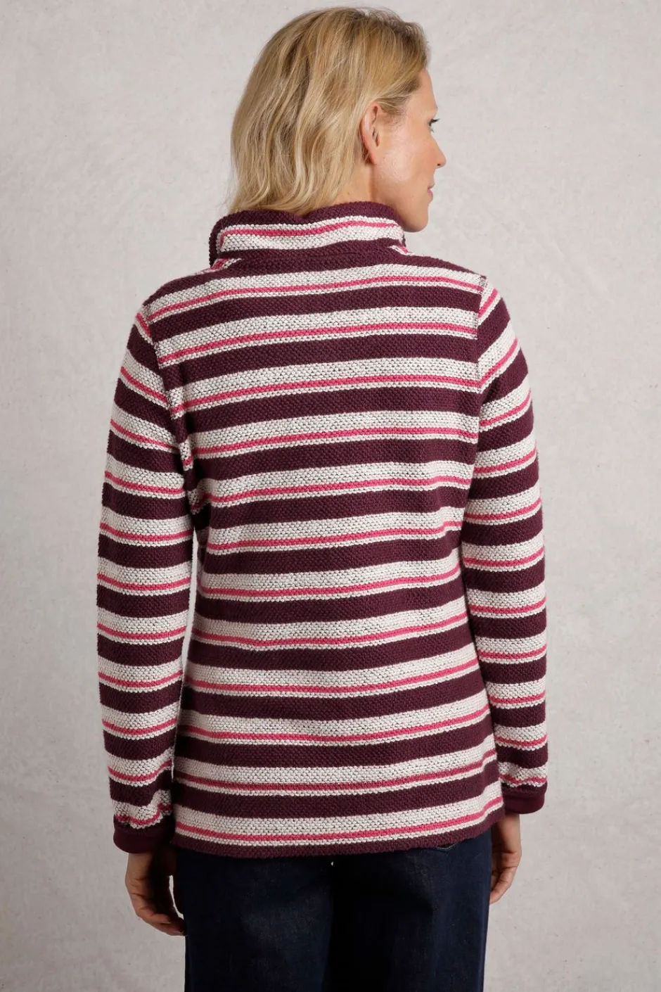 Weird Fish Jumpers & Cardigans|Knitwear|Tatiana 1/4 Zip Stripe Kierra Eco Macaroni Knit Mulled Wine