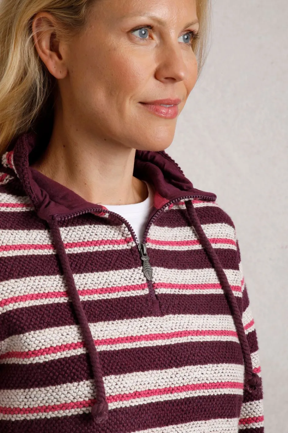 Weird Fish Jumpers & Cardigans|Knitwear|Tatiana 1/4 Zip Stripe Kierra Eco Macaroni Knit Mulled Wine