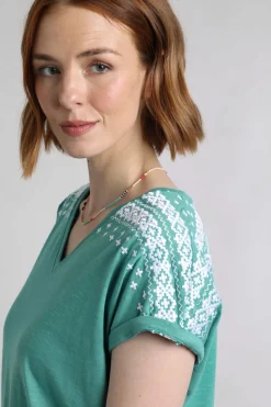 Weird Fish Tunics|Tops & T-Shirts|Tildare Organic Cotton Embroidered T-Shirt Viridis