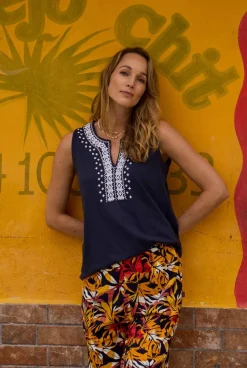 Weird Fish Tunics|Tops & T-Shirts|Tirtha Organic Cotton Embroidered Jersey Vest Navy