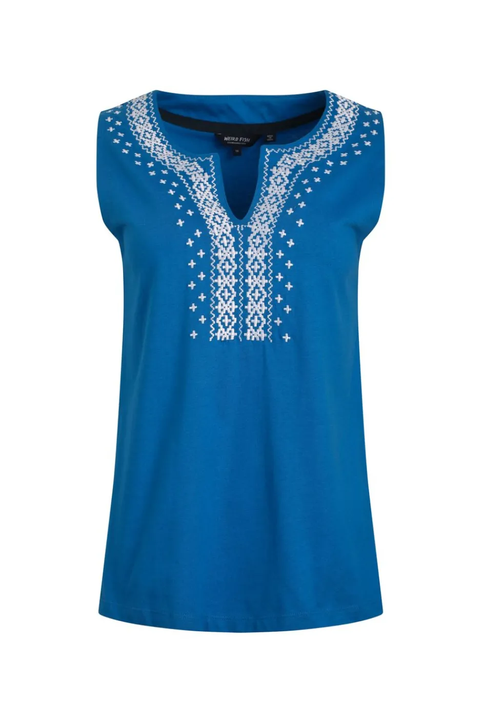 Weird Fish Tunics|Tops & T-Shirts|Tirtha Organic Cotton Embroidered Jersey Vest Adriatic Blue