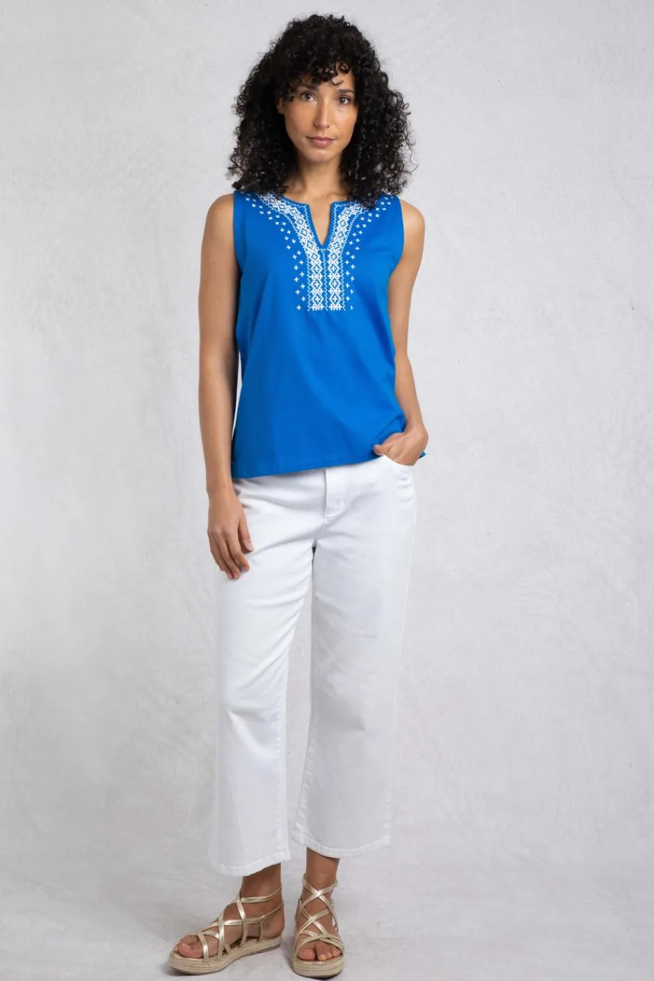 Weird Fish Tunics|Tops & T-Shirts|Tirtha Organic Cotton Embroidered Jersey Vest Adriatic Blue