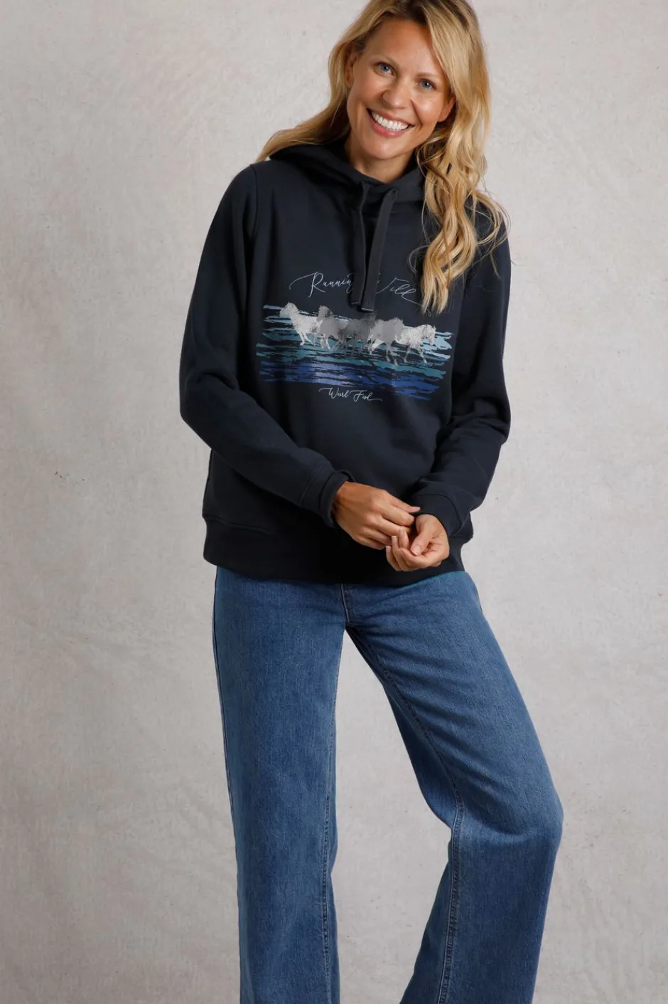 Weird Fish Sweatshirts & Hoodies|Topaz Eco Horse Front Print Popover Hoodie Navy