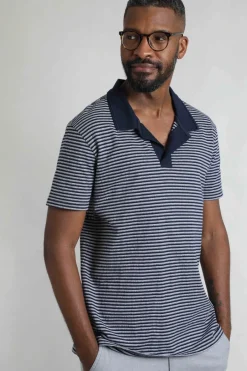 Weird Fish Polo & Rugby Shirts|Virgil Organic Cotton Striped Polo Shirt Navy
