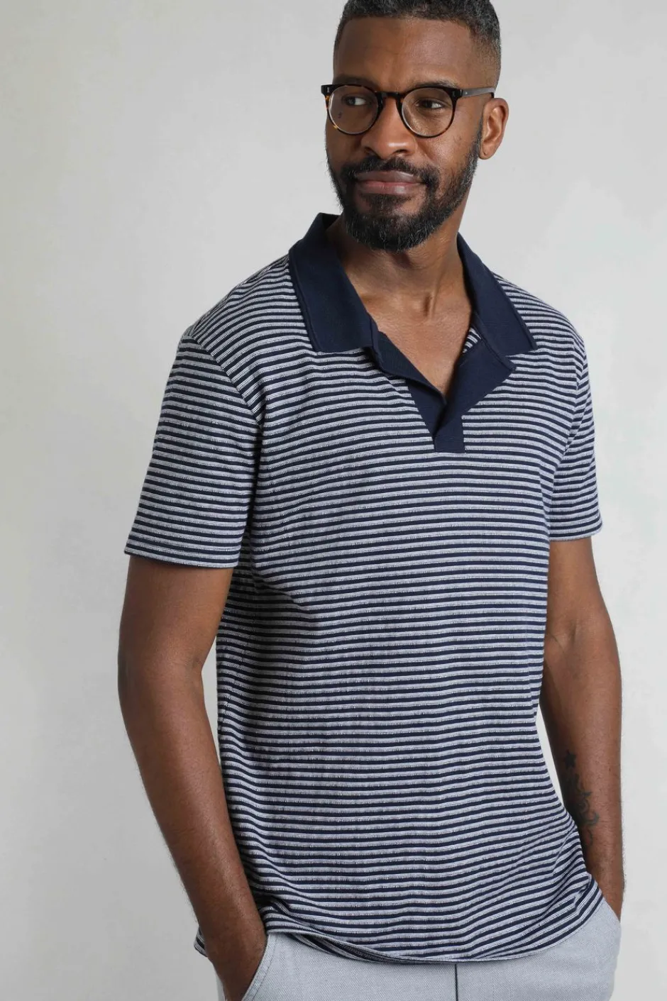 Weird Fish Polo & Rugby Shirts|Virgil Organic Cotton Striped Polo Shirt Navy