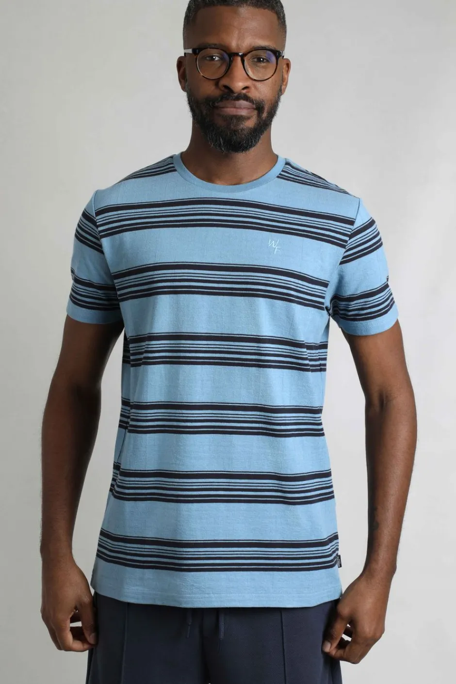 Weird Fish T-Shirts|Xavier Eco Crepe Stripe T-Shirt Denim Blue