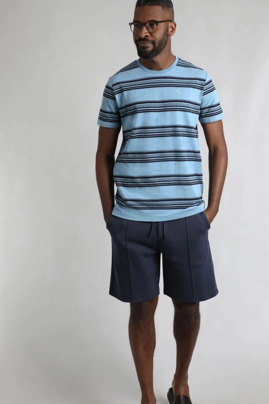 Weird Fish T-Shirts|Xavier Eco Crepe Stripe T-Shirt Denim Blue
