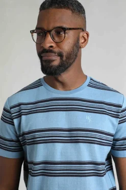 Weird Fish T-Shirts|Xavier Eco Crepe Stripe T-Shirt Denim Blue